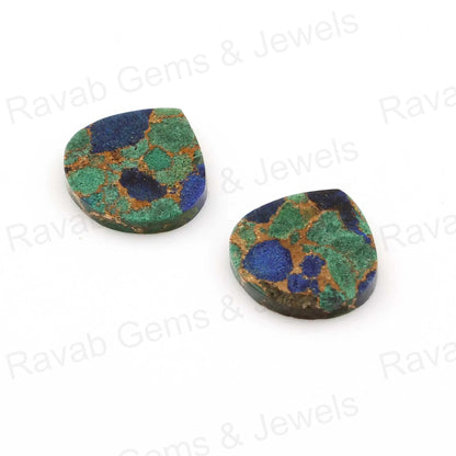 Azurite Copper Heart Shape Both Side Flat Gemstone For Pendant, Loose Beads Calibrated Semi Precious Stone 2 Pcs Set All Sizes Available