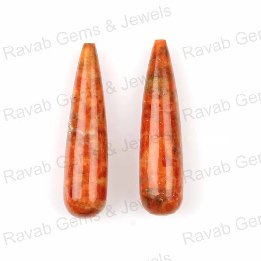 Apple Coral Copper Smooth Briolette Gemstone, Long Drop Loose Beads Stones, Calibrated Teardrop Earring Making Pair Stone 2 Pcs Set 9x30mm