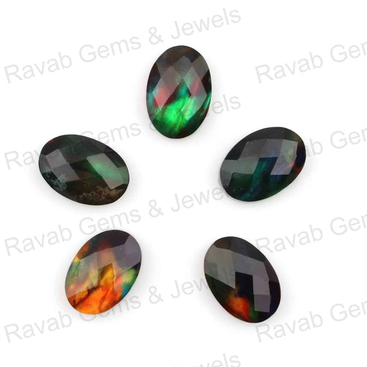 Ammolite Oval Shape Faceted Briolette Gemstone, Green Orange Flashy Calibrated Stones For Jewelry Pendant Earring Making 5 Pcs Set 12x16mm