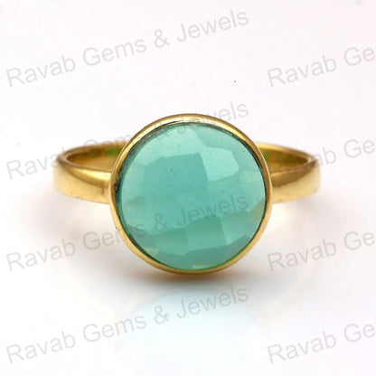 Aqua Green Chalcedony Ring, Chalcedony Round 10 mm Facet Stone Ring, 925 Sterling Silver Ring, Engagement Gifts Ring, Stacking Dainty Rings