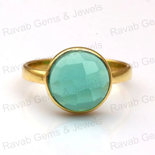 Aqua Green Chalcedony Ring, Chalcedony Round 10 mm Facet Stone Ring, 925 Sterling Silver Ring, Engagement Gifts Ring, Stacking Dainty Rings