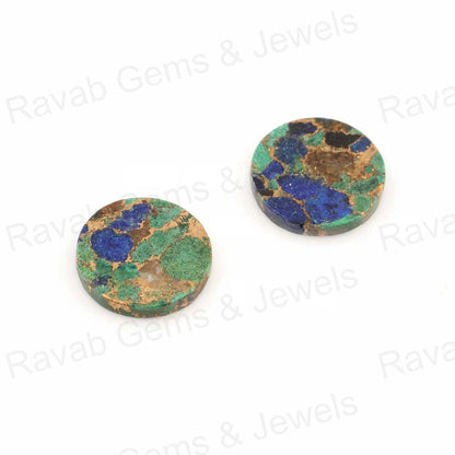 Azurite Copper Round Coin Shape Both Side Flat Gemstone, Loose Beads Calibrated Stone For Jewelry Earring Ring Making 2 Pcs Set All Sizes