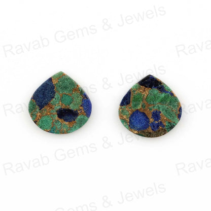 Azurite Copper Heart Shape Both Side Flat Gemstone For Pendant, Loose Beads Calibrated Semi Precious Stone 2 Pcs Set All Sizes Available