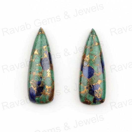 Azurite Copper Long Trillion Gemstone, Smooth Calibrated Cabochons Loose Beads Stone For Jewelry Earring 10x28mm 2 Pcs Set