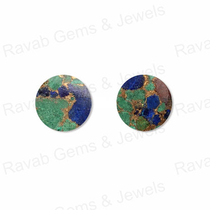 Azurite Copper Round Coin Shape Both Side Flat Gemstone, Loose Beads Calibrated Stone For Jewelry Earring Ring Making 2 Pcs Set All Sizes