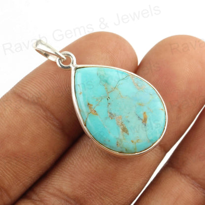 Arizona Turquoise Pear Gemstone Pendant, 925 Sterling Silver Charm Pendant, Smooth Briolette Handmade Stone Jewelry Pendant 1 Pcs Gifted