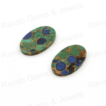 Azurite Copper Oval Shape Smooth Flat Gemstone For Jewelry, Copper Azurite Stone For Pendant Ring Earring 12x19mm 2 Pcs Set All Sizes