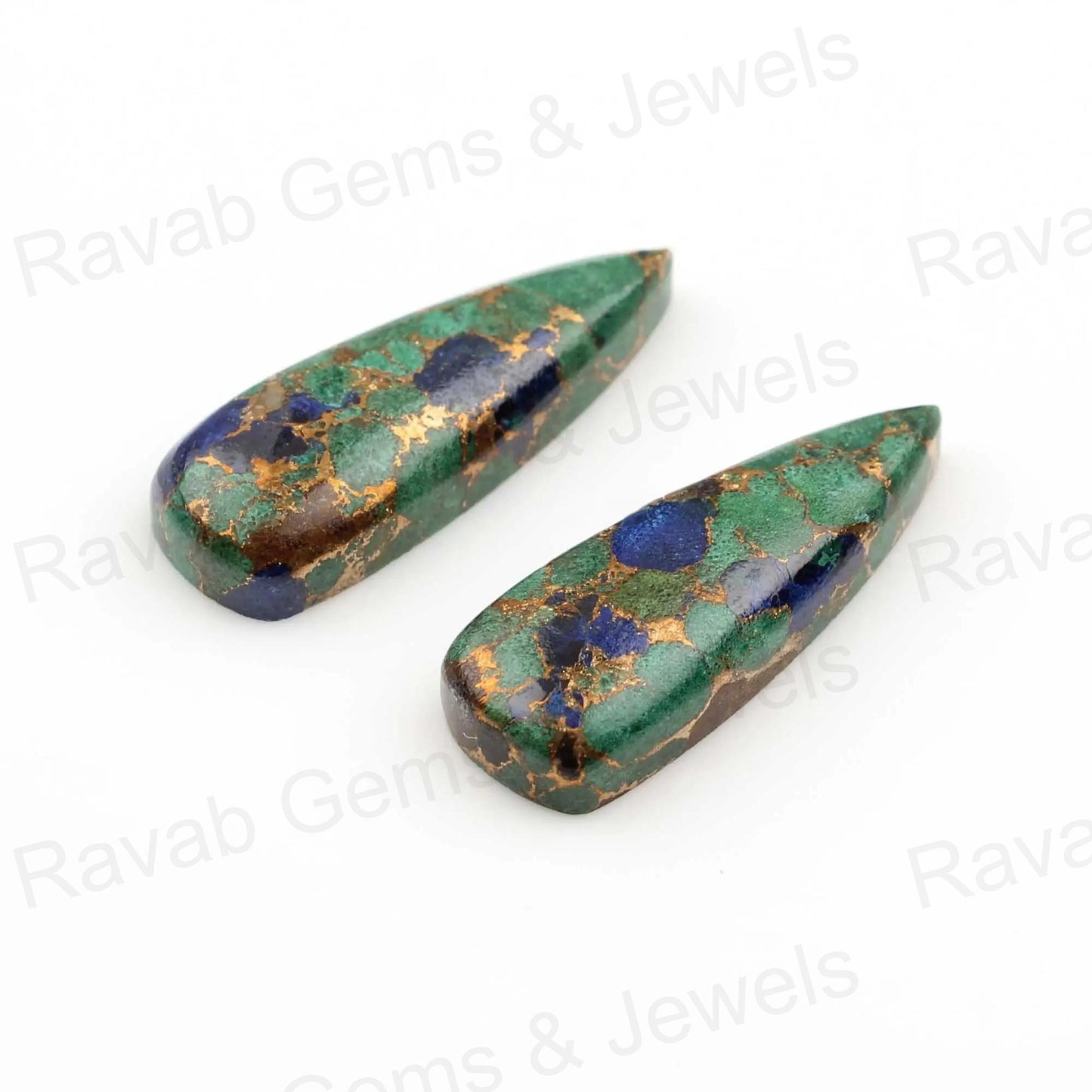 Azurite Copper Long Trillion Gemstone, Smooth Calibrated Cabochons Loose Beads Stone For Jewelry Earring 10x28mm 2 Pcs Set