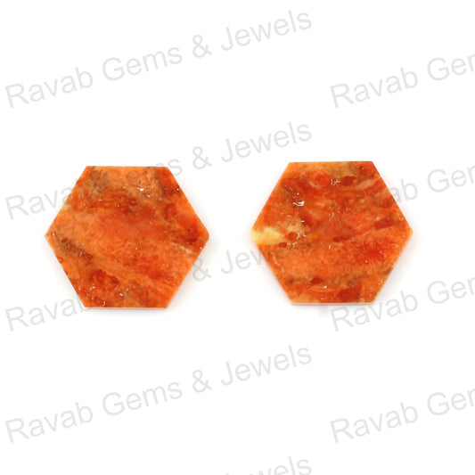 Apple Coral Copper 12mm Hexagon Shape Both Side Flat Gemstone, Calibrated Stone For Jewelry, Loose Beads Stone Fr Earring - 2 Pcs Set