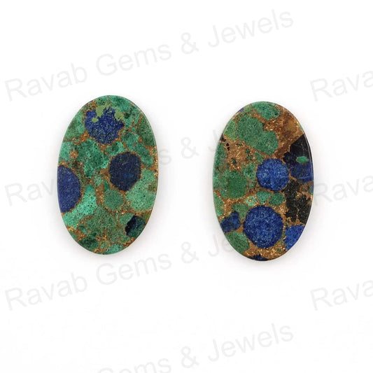 Azurite Copper Oval Shape Smooth Flat Gemstone For Jewelry, Copper Azurite Stone For Pendant Ring Earring 12x19mm 2 Pcs Set All Sizes