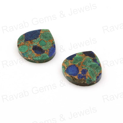 Azurite Copper Heart Shape Both Side Flat Gemstone For Pendant, Loose Beads Calibrated Semi Precious Stone 2 Pcs Set All Sizes Available