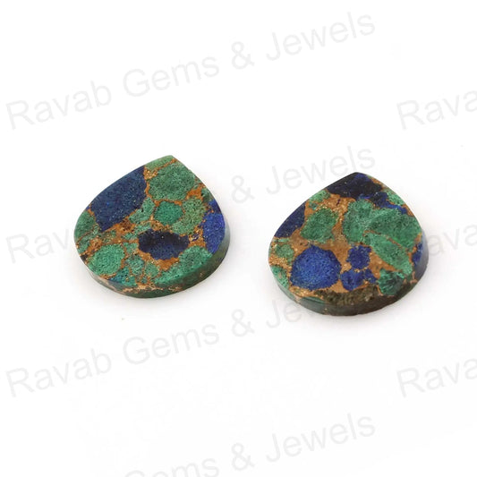 Azurite Copper Heart Shape Both Side Flat Gemstone For Pendant, Loose Beads Calibrated Semi Precious Stone 2 Pcs Set All Sizes Available