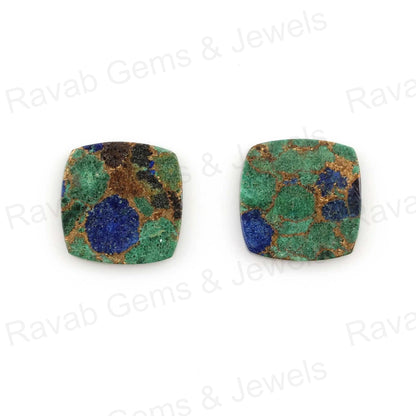 Azurite Copper Cushion Smooth Flat Gemstone, Best Quality Loose Beads Stone For Jewelry Earring Making -12mm  2 Pcs Set All Size Available