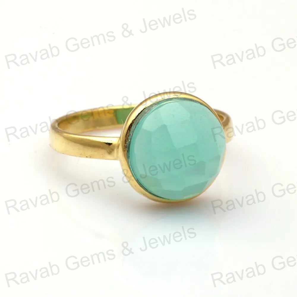 Aqua Green Chalcedony Ring, Chalcedony Round 10 mm Facet Stone Ring, 925 Sterling Silver Ring, Engagement Gifts Ring, Stacking Dainty Rings