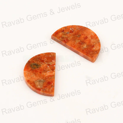 Apple Coral Copper 'D' Half Moon Shape Flat Gemstone For Jewelry, Loose Beads Calibrated Stone For Matching Jewelry Making 2 Pc Set All Size