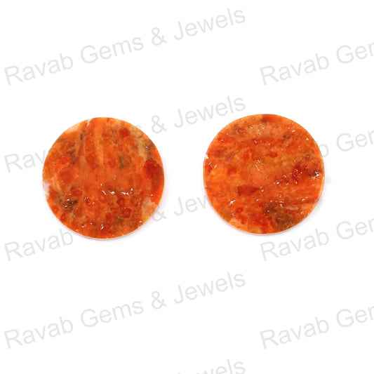 Apple Coral Copper Coin Shape 12mm Both Side Flat Gemstone, Calibrated Stones For Jewelry Earring Making, Pair Stones For Sale 2 Pcs Set