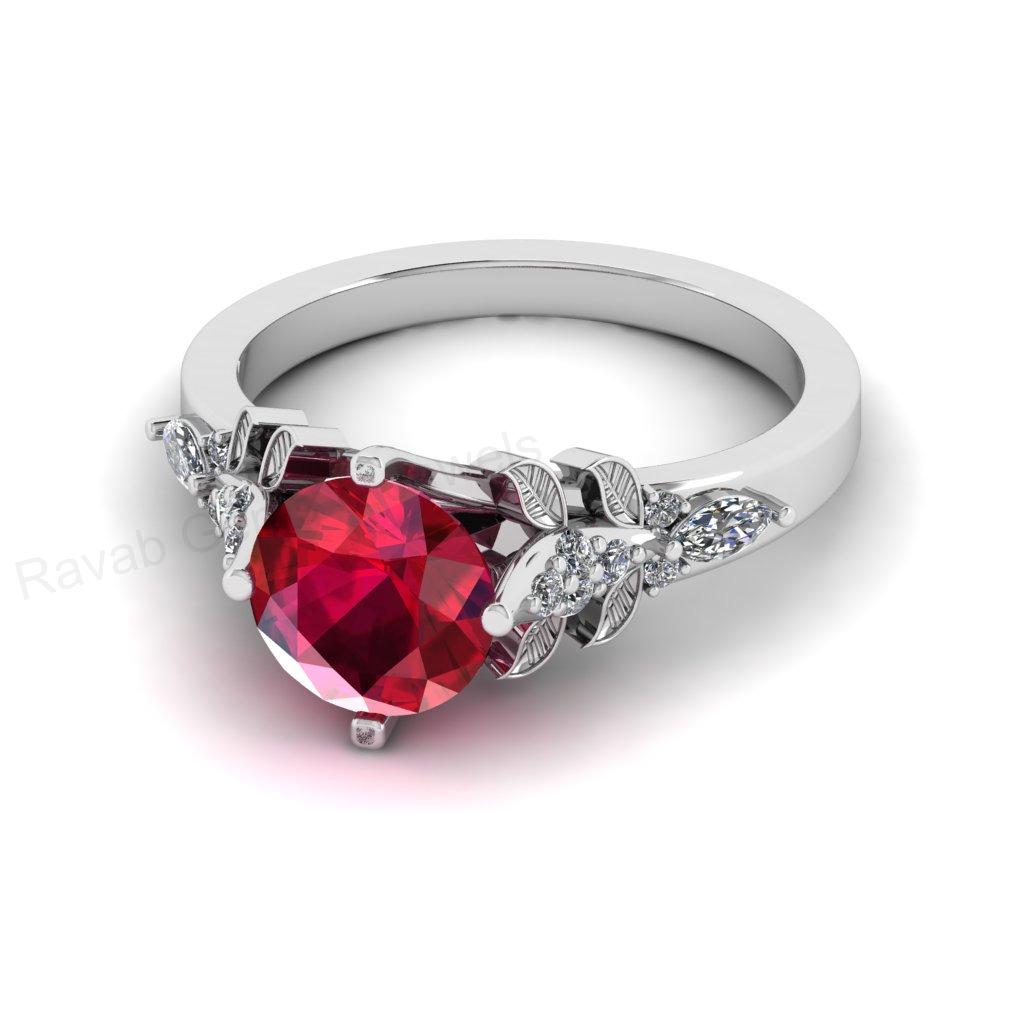 Best Selling 925 Silver Gold Plated 8mm Round Ruby Quartz Gemstone Customized Ring With CZ Accents Floral Leaf Design Women Fine Jewelry