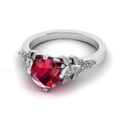 Best Selling 925 Silver Gold Plated 8mm Round Ruby Quartz Gemstone Customized Ring With CZ Accents Floral Leaf Design Women Fine Jewelry