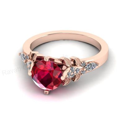 Best Selling 925 Silver Gold Plated 8mm Round Ruby Quartz Gemstone Customized Ring With CZ Accents Floral Leaf Design Women Fine Jewelry