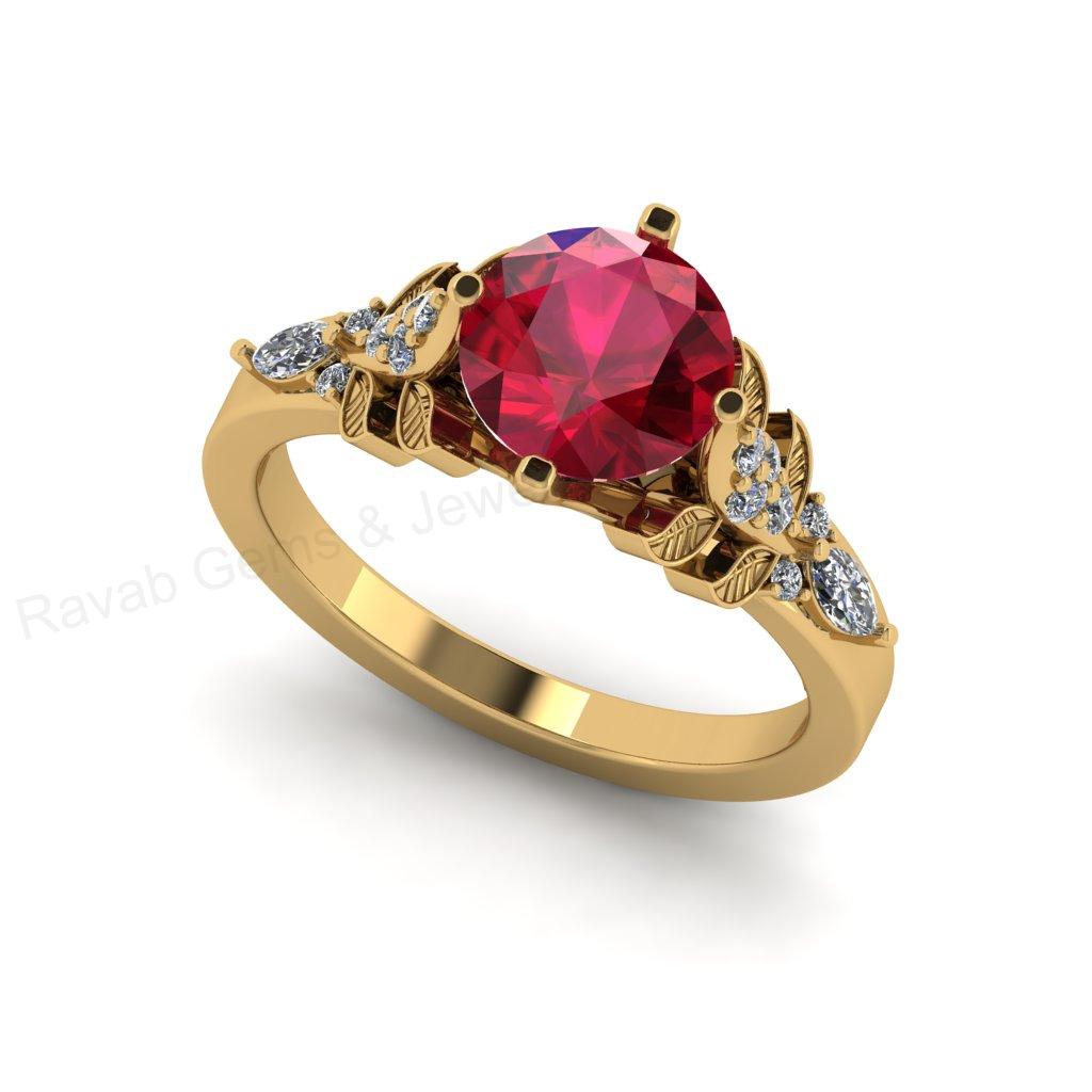 Best Selling 925 Silver Gold Plated 8mm Round Ruby Quartz Gemstone Customized Ring With CZ Accents Floral Leaf Design Women Fine Jewelry