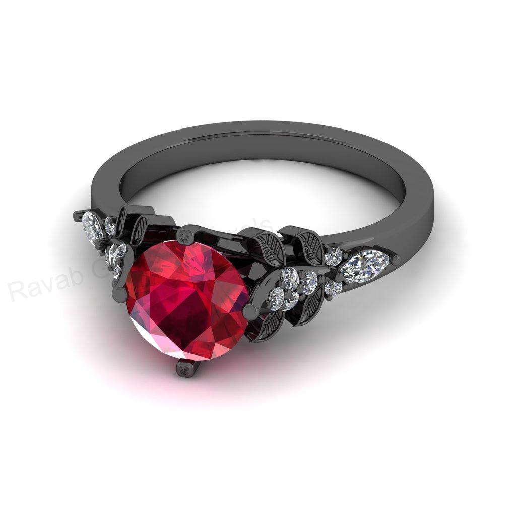 Best Selling 925 Silver Gold Plated 8mm Round Ruby Quartz Gemstone Customized Ring With CZ Accents Floral Leaf Design Women Fine Jewelry