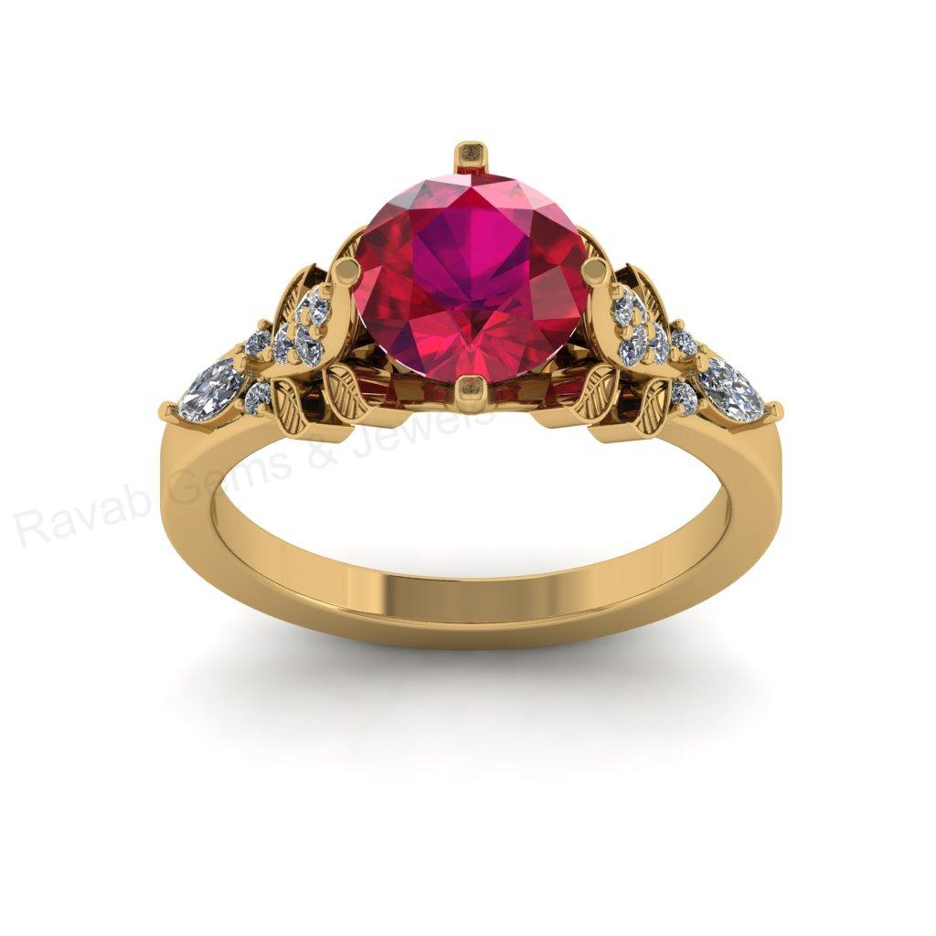 Best Selling 925 Silver Gold Plated 8mm Round Ruby Quartz Gemstone Customized Ring With CZ Accents Floral Leaf Design Women Fine Jewelry