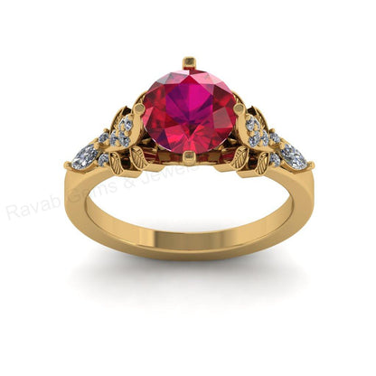 Best Selling 925 Silver Gold Plated 8mm Round Ruby Quartz Gemstone Customized Ring With CZ Accents Floral Leaf Design Women Fine Jewelry