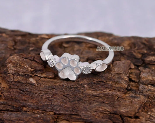 925 Sterling Solid Silver 8mm Dog Paw & Marquise Blank Bezel with CZ Setted Ring