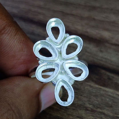 Genuine 925 Sterling Silver Flower Bezel Setting 6x4mm Pear Shape Semi-Mount Blank Setting Ring For Women Keepsake Jewelry