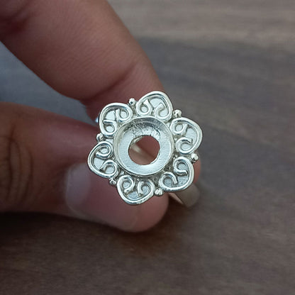 Genuine Solid 925 Sterling Silver Flower Design 7MM Round Bezel Setting Semi-Mount Blank Setting Simple Band Fine Ring For Women