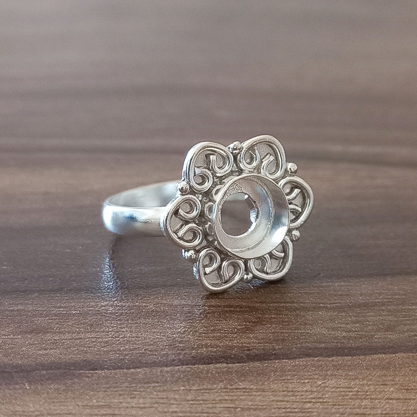Genuine Solid 925 Sterling Silver Flower Design 7MM Round Bezel Setting Semi-Mount Blank Setting Simple Band Fine Ring For Women