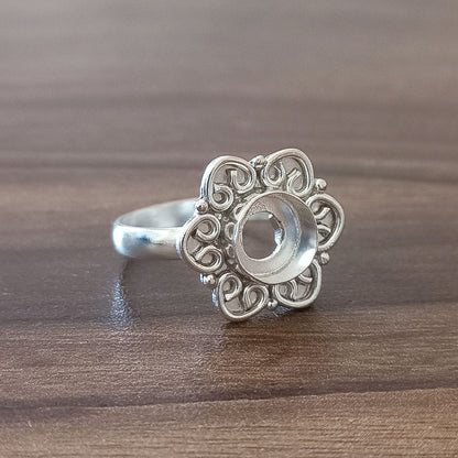 Genuine Solid 925 Sterling Silver Flower Design 7MM Round Bezel Setting Semi-Mount Blank Setting Simple Band Fine Ring For Women