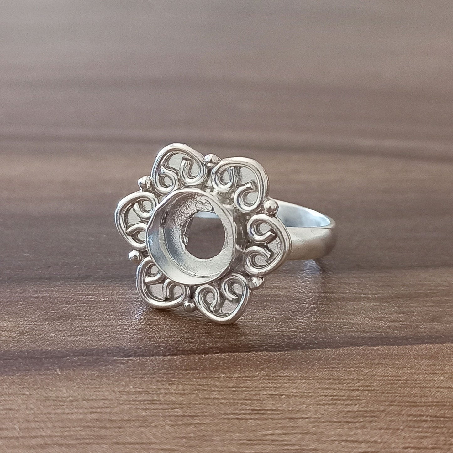 Genuine Solid 925 Sterling Silver Flower Design 7MM Round Bezel Setting Semi-Mount Blank Setting Simple Band Fine Ring For Women