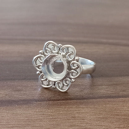 Genuine Solid 925 Sterling Silver Flower Design 7MM Round Bezel Setting Semi-Mount Blank Setting Simple Band Fine Ring For Women