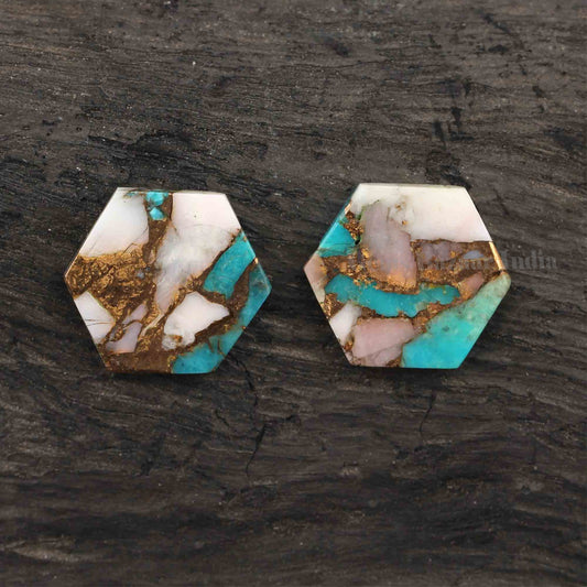 Pink Opal Copper Turquoise Hexagon Shape Flat Calibrated Gemstone, Loose Beads Semi Precious Stone For Love Gifted 12mm 2 Pcs Set