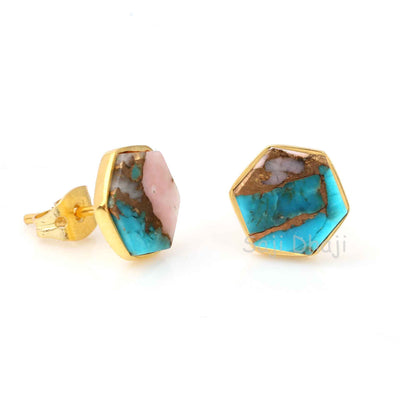 Pink Opal Copper Turquoise Gemstone Stud Earrings, 925 Sterling Silver Gold Plated Earrings, Hexagon Shape Flat Stud Earrings, For Gifted
