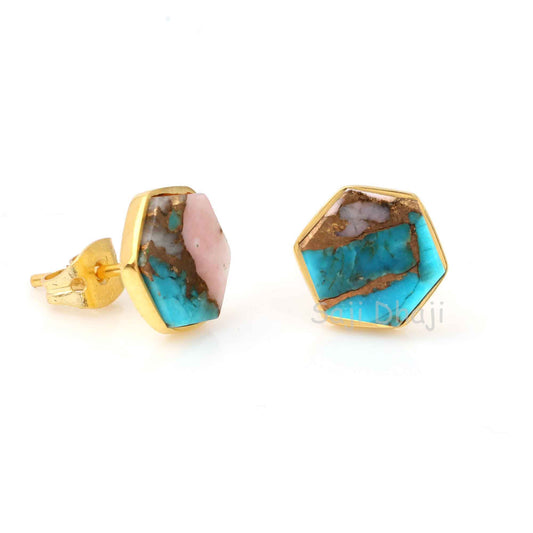 Pink Opal Copper Turquoise Gemstone Stud Earrings, 925 Sterling Silver Gold Plated Earrings, Hexagon Shape Flat Stud Earrings, For Gifted