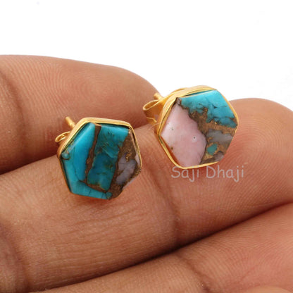Pink Opal Copper Turquoise Gemstone Stud Earrings, 925 Sterling Silver Gold Plated Earrings, Hexagon Shape Flat Stud Earrings, For Gifted