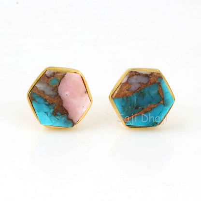 Pink Opal Copper Turquoise Gemstone Stud Earrings, 925 Sterling Silver Gold Plated Earrings, Hexagon Shape Flat Stud Earrings, For Gifted