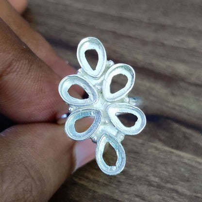 Genuine 925 Sterling Silver Flower Bezel Setting 6x4mm Pear Shape Semi-Mount Blank Setting Ring For Women Keepsake Jewelry