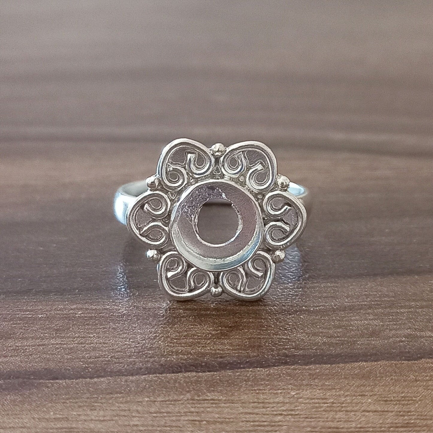 Genuine Solid 925 Sterling Silver Flower Design 7MM Round Bezel Setting Semi-Mount Blank Setting Simple Band Fine Ring For Women