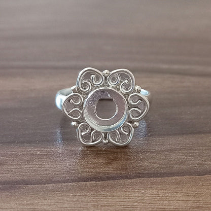 Genuine Solid 925 Sterling Silver Flower Design 7MM Round Bezel Setting Semi-Mount Blank Setting Simple Band Fine Ring For Women